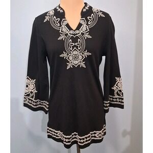 North Stye Womens Tunic Top Sz S Black White Embroidered Bell Sleeve Resortwear